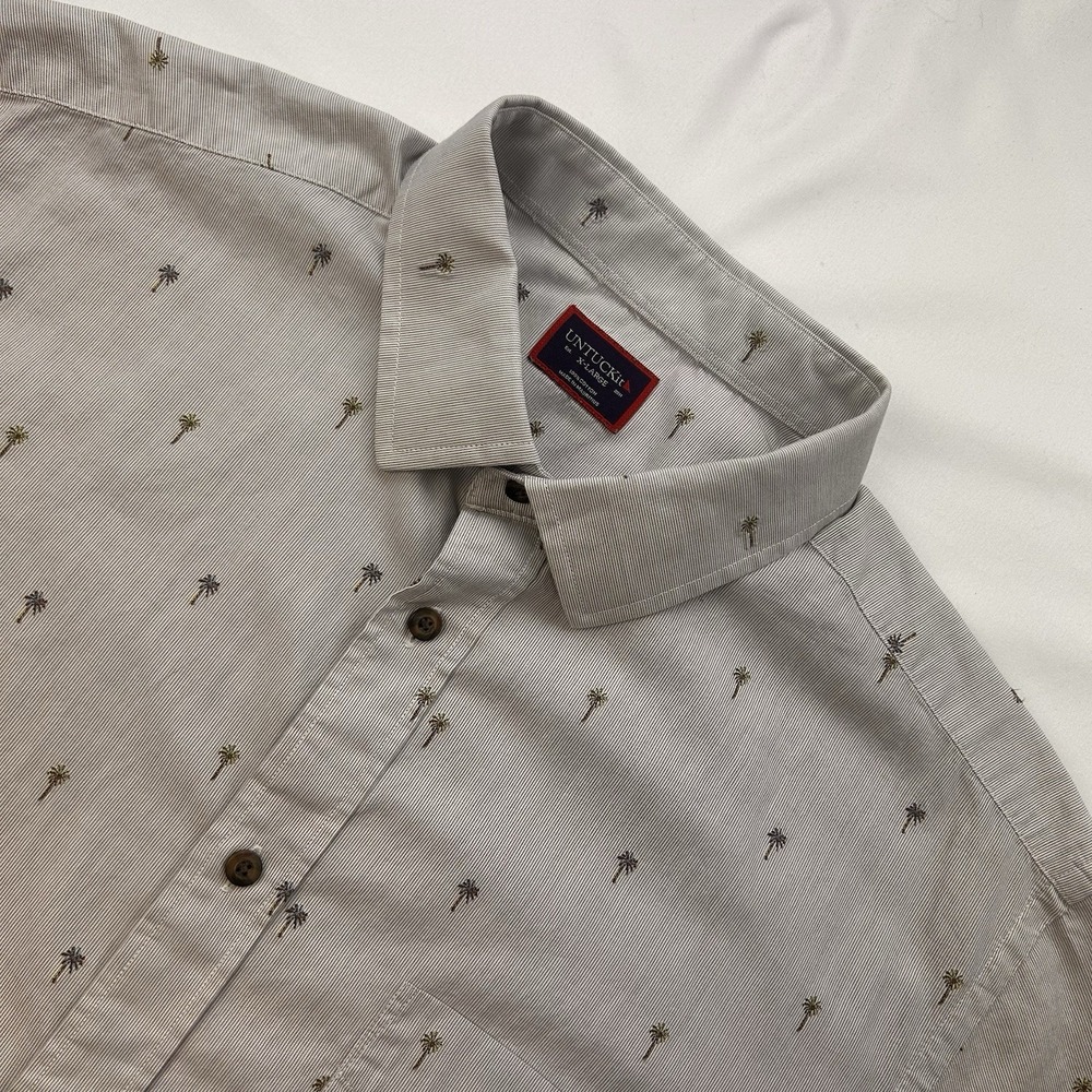 Untuckit Men Brown Thin Stripes Palm Trees Short Sleeve Button Down Shirt XL